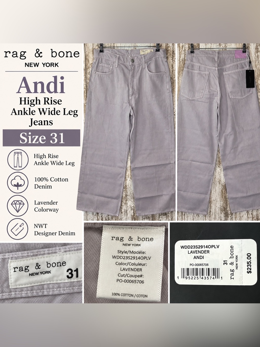 rag & bone Andi High Rise Ankle Wide Leg Jeans Women’s 31 Lavender NWT $235